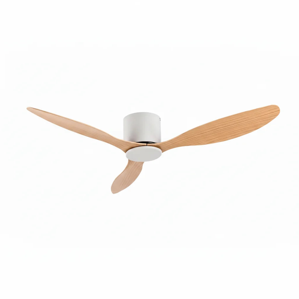 Scout ceiling fan in white light oak, seen from the side