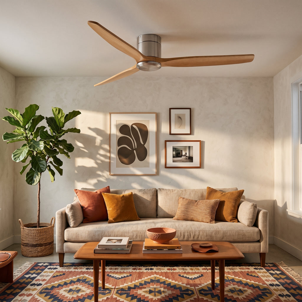 Bozeman ceiling fan in a living room with a patterned rug