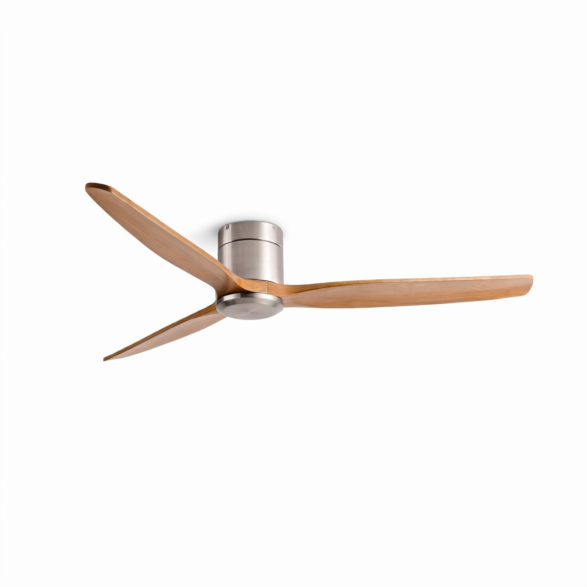 Bozeman ceiling fan in natural oak and brushed silver, seen from the side