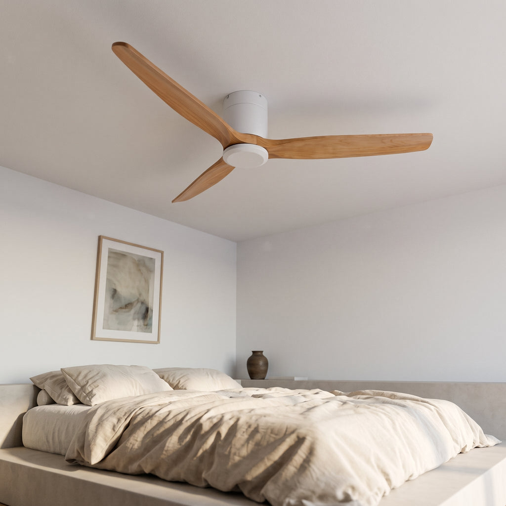 Bozeman ceiling fan in natural oak and white above a bed