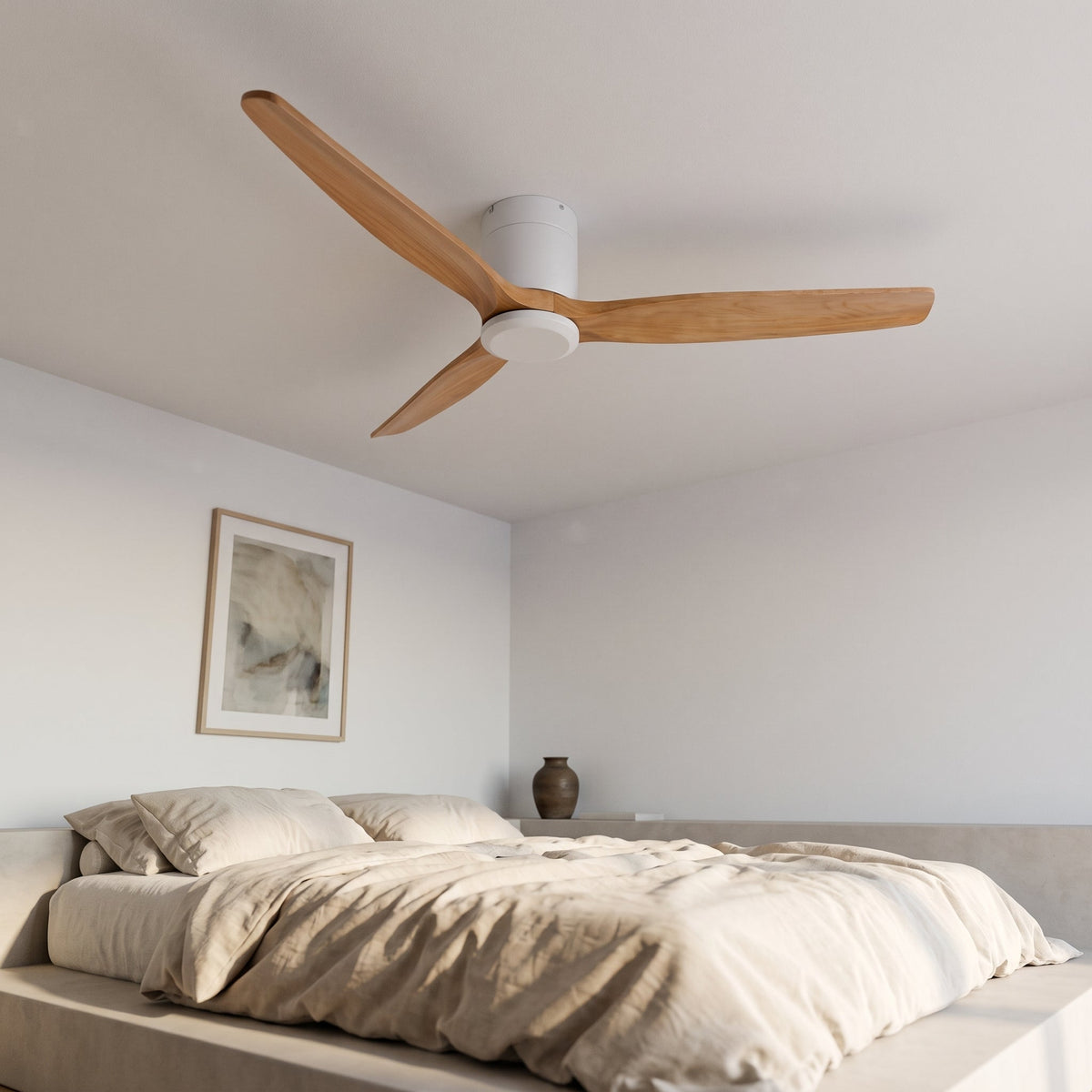 Bozeman ceiling fan in natural oak and white above a bed
