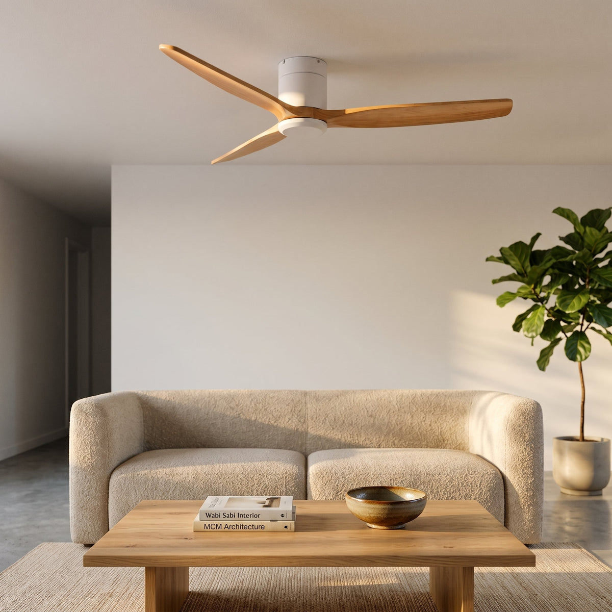 Bozeman ceiling fan in a living room with a plant
