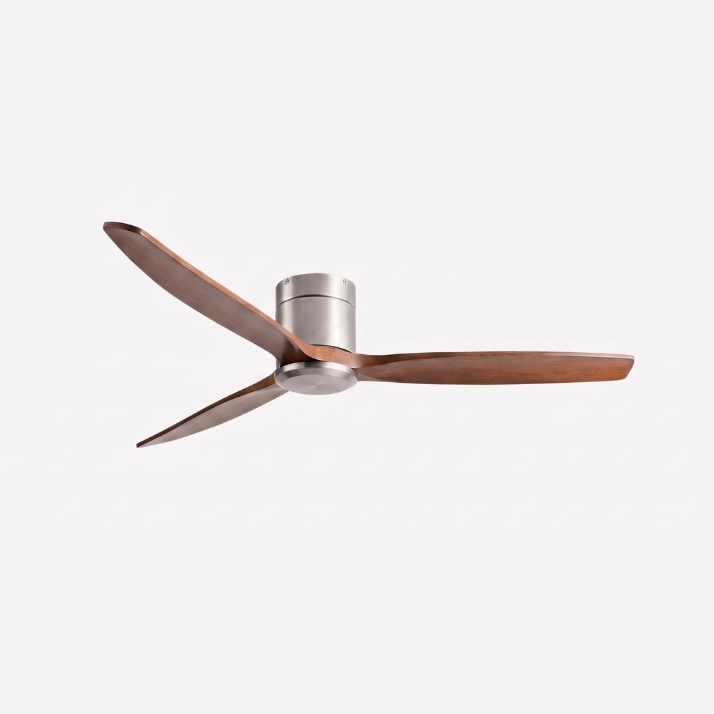 Bozeman ceiling fan in walnut and brushed silver, on a plain background