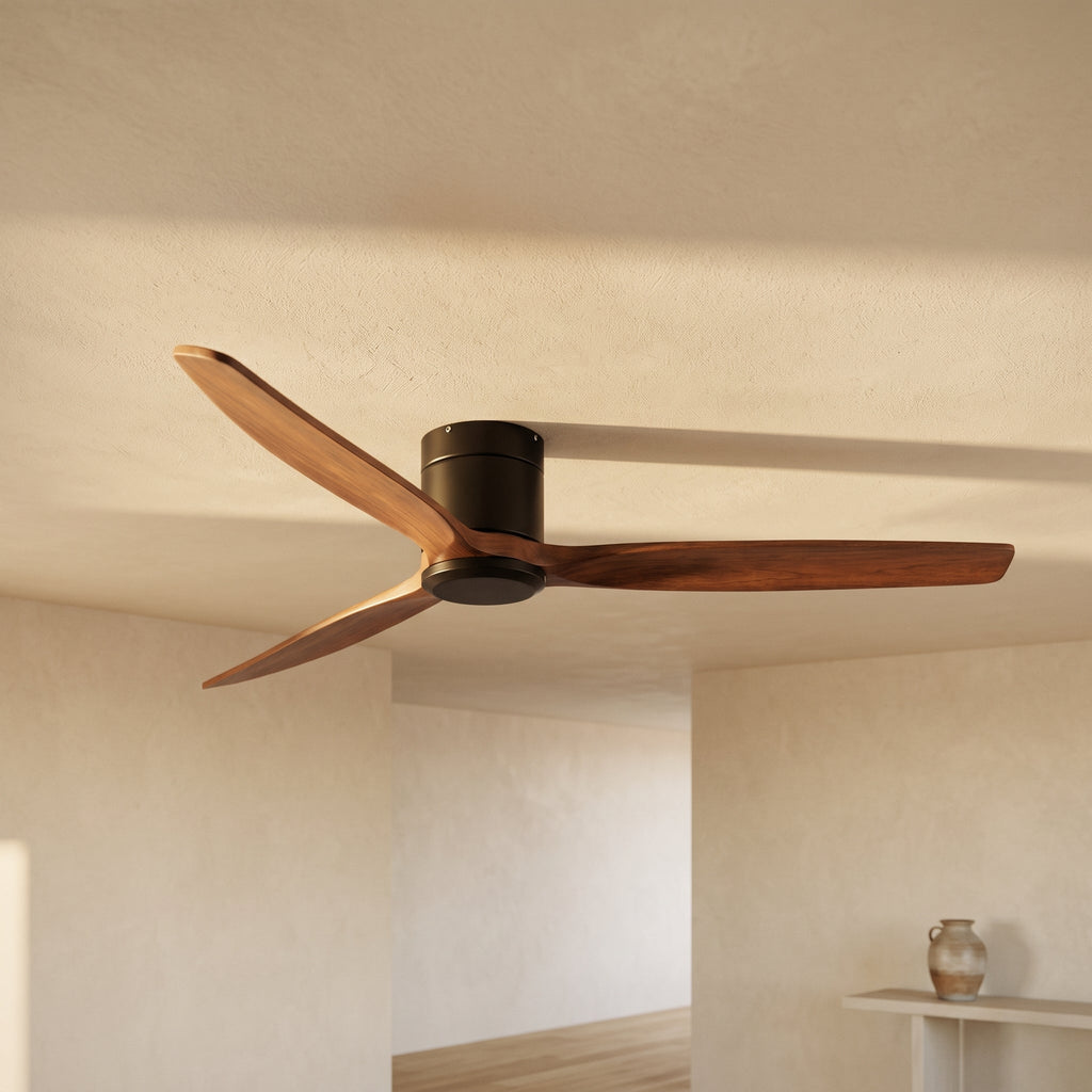 Bozeman ceiling fan seen from below in a warm room