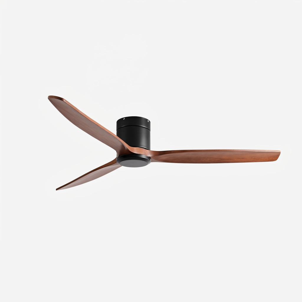 Bozeman ceiling fan in walnut and matte black, seen from the side
