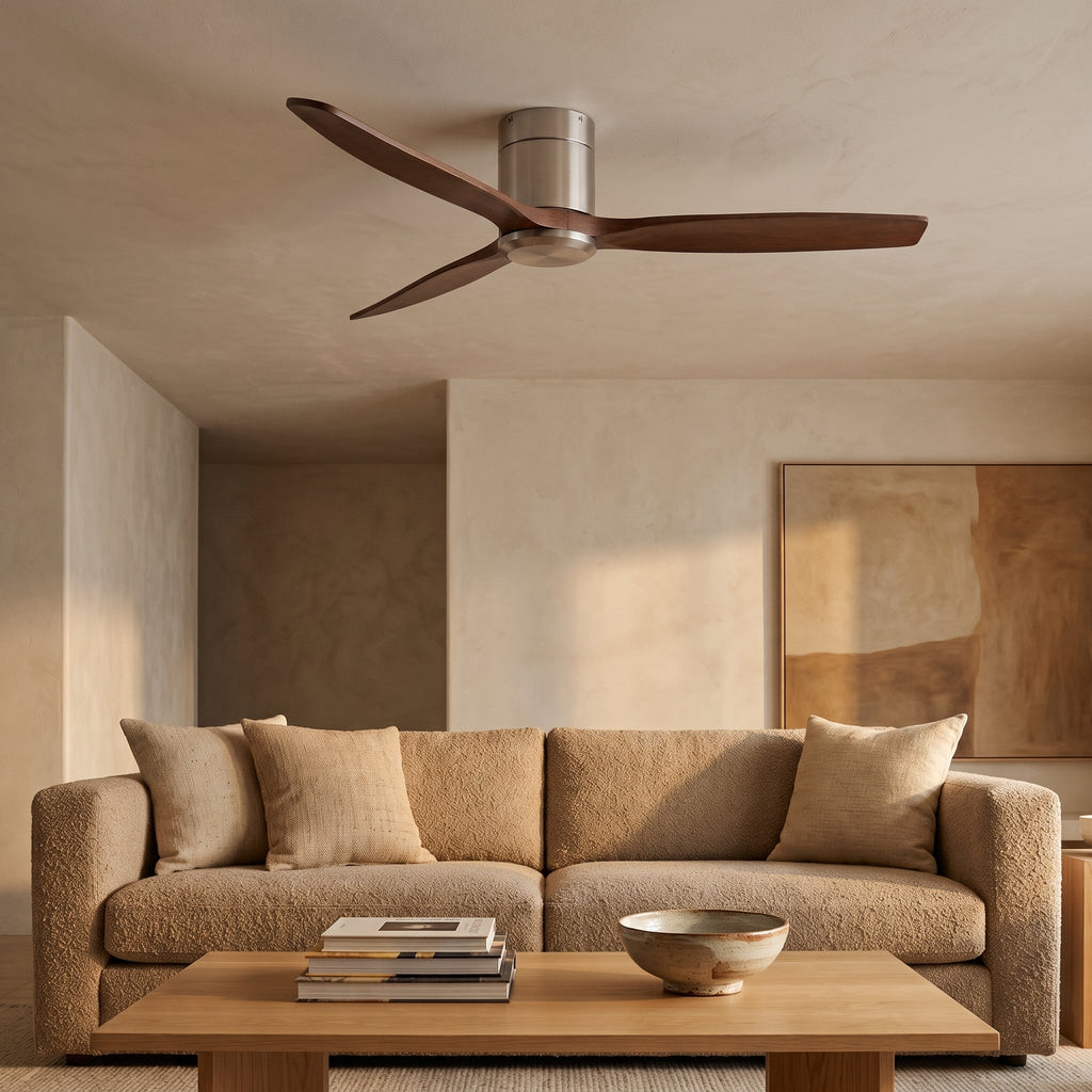 Bozeman ceiling fan in a living room with a low sofa