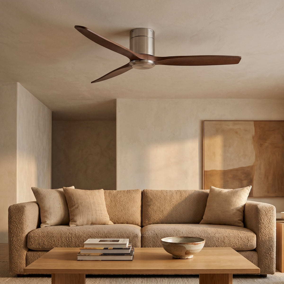 Bozeman ceiling fan in a living room with a low sofa
