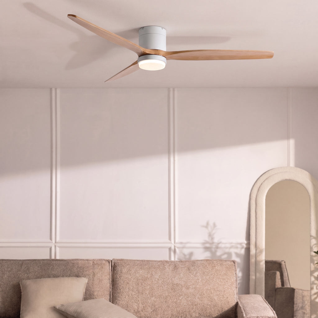 Bozeman ceiling fan with light in natural oak and white, above a bed