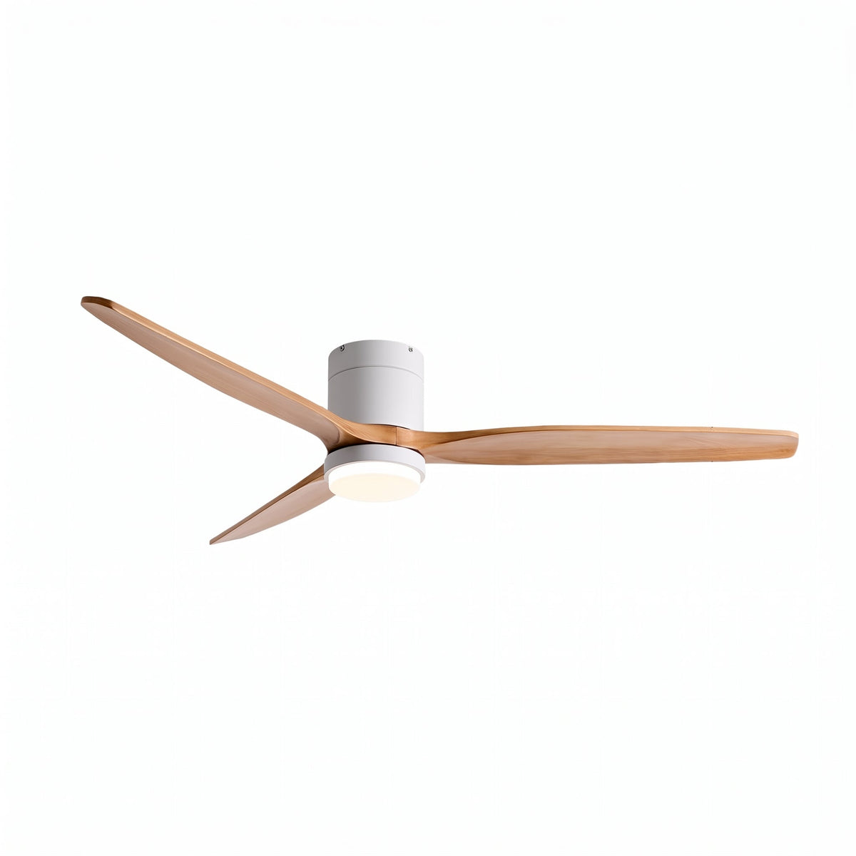 Bozeman ceiling fan with light in natural oak and white, on a plain background