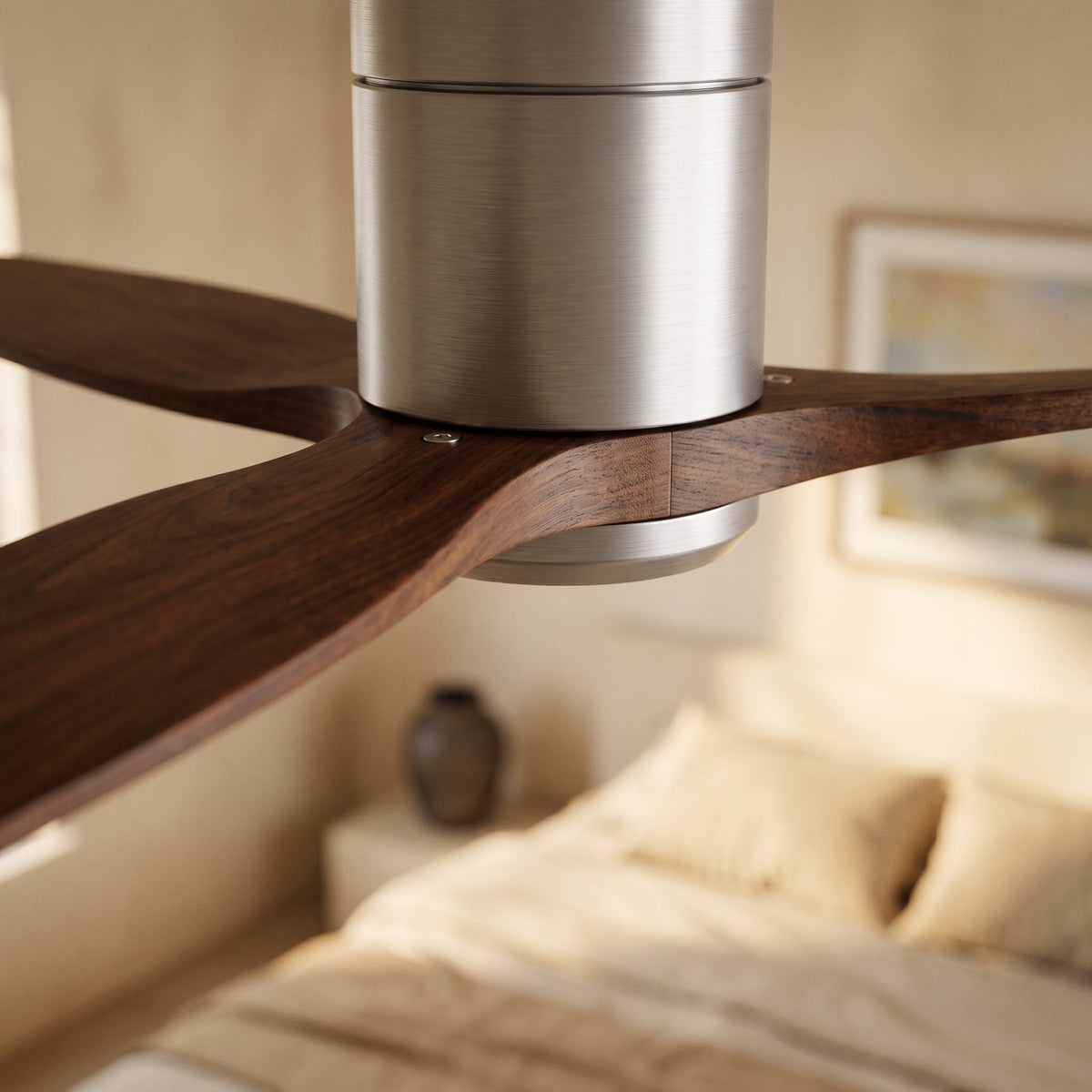 The fan above a bed, seen from the side