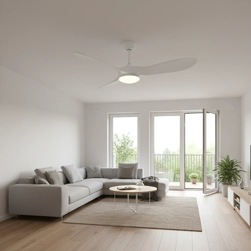 Savannah ceiling fan with its light on in a living room