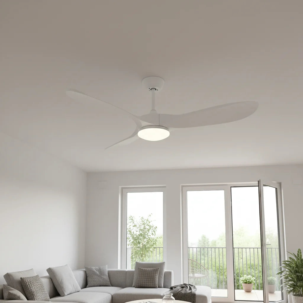 Savannah ceiling fan with its light on seen across a room