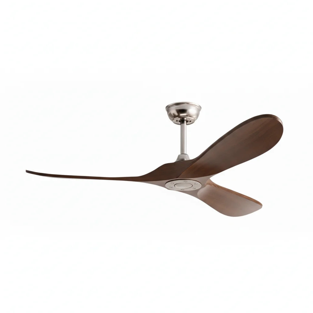 Savannah ceiling fan in brushed silver dark walnut, seen from the side
