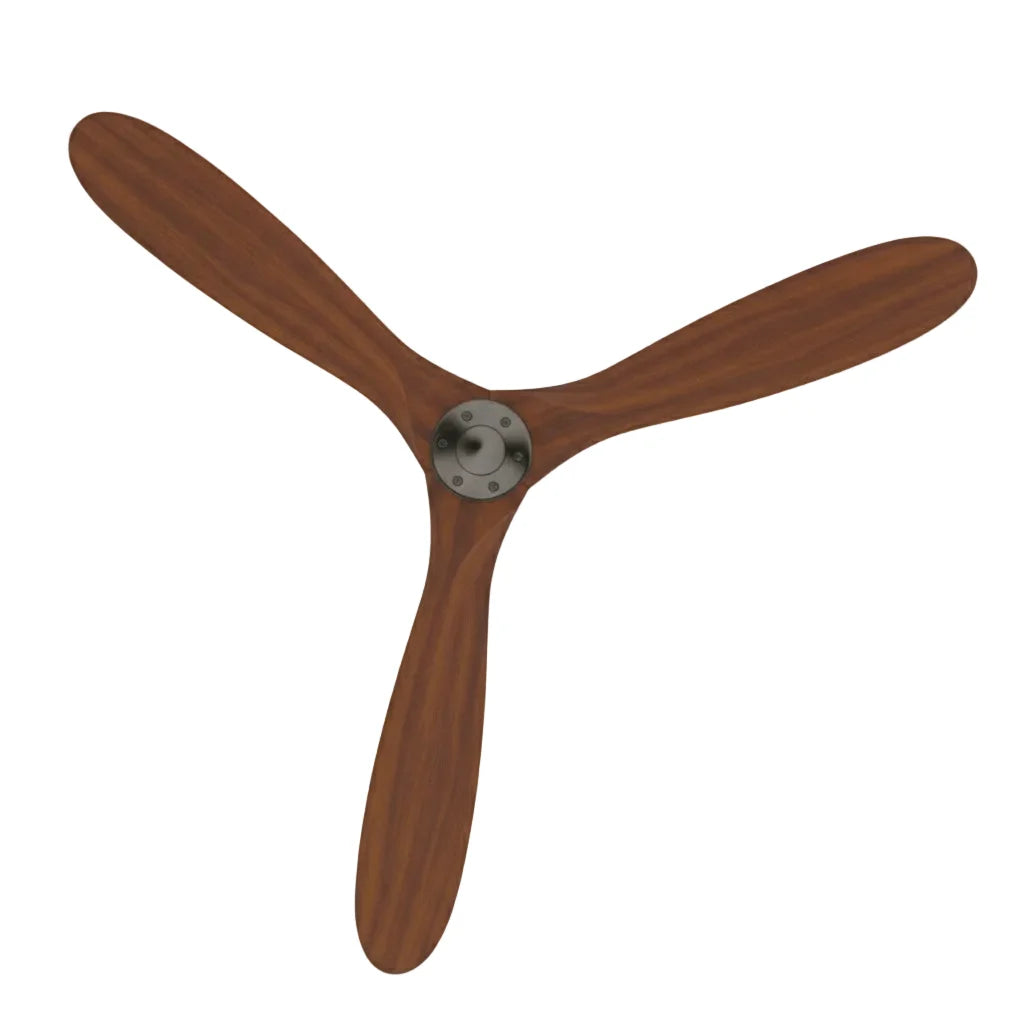 Savannah ceiling fan in brushed silver dark walnut, seen from below
