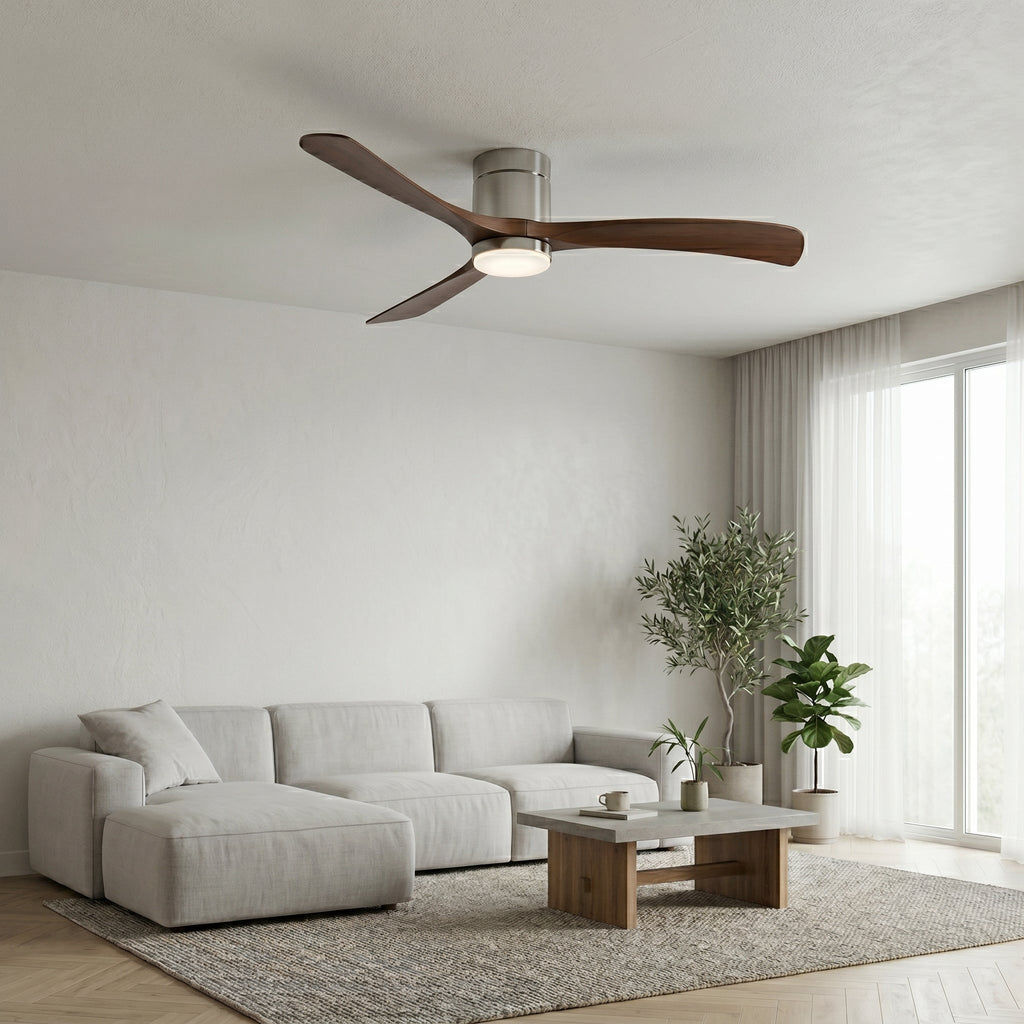Durango ceiling fan in brushed silver dark walnut, seen from the side