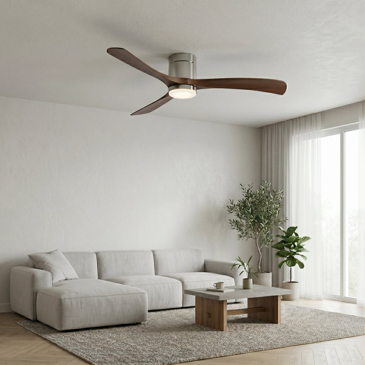 Durango ceiling fan in brushed silver dark walnut, seen from the side
