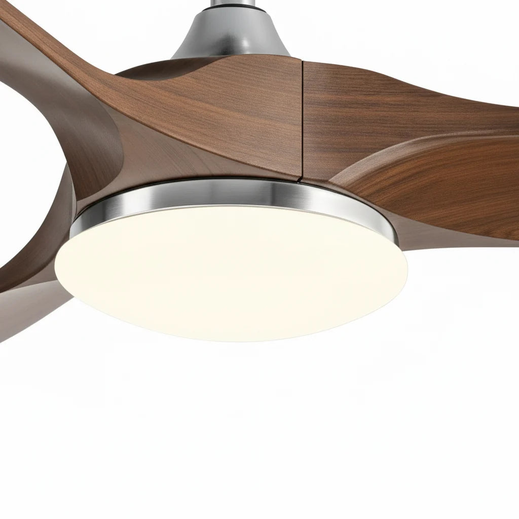 Savannah ceiling fan in brushed silver dark walnut, seen from below