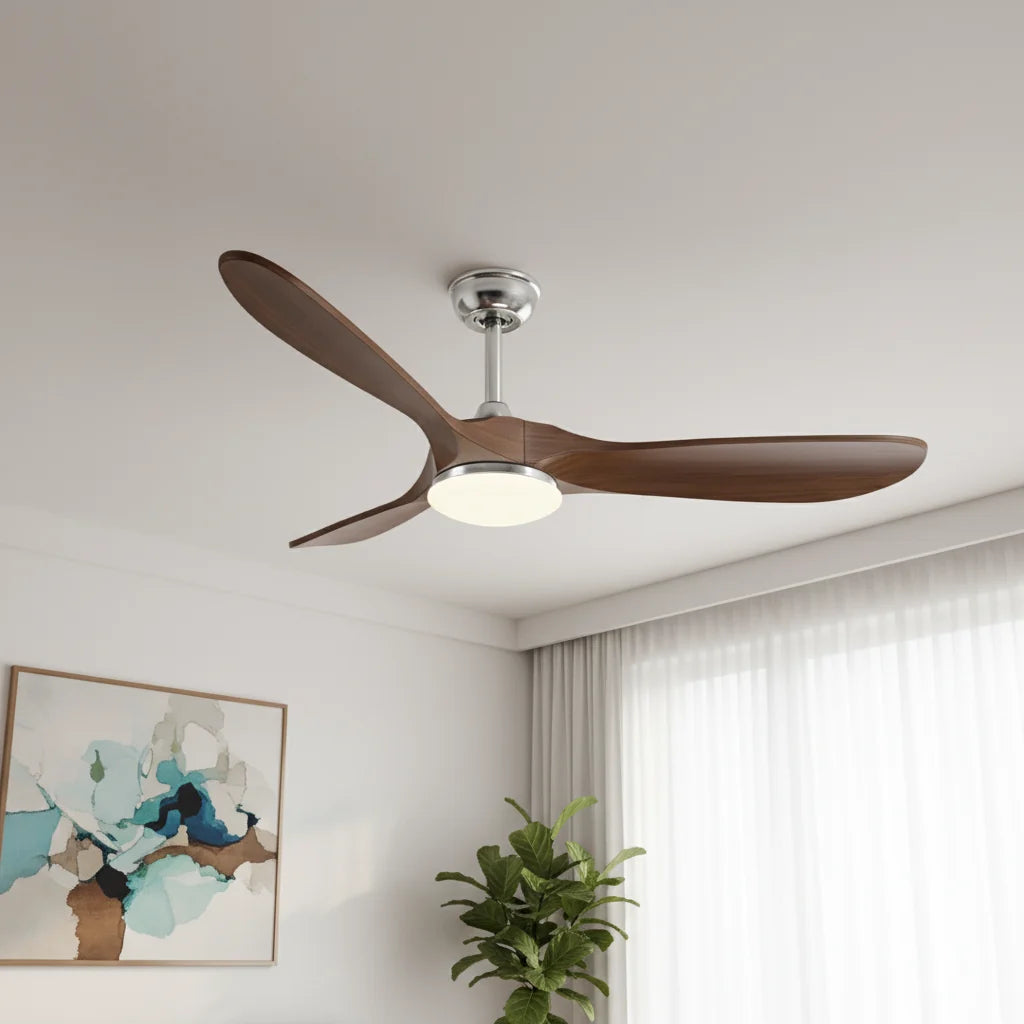 Savannah ceiling fan with its light on seen across a room