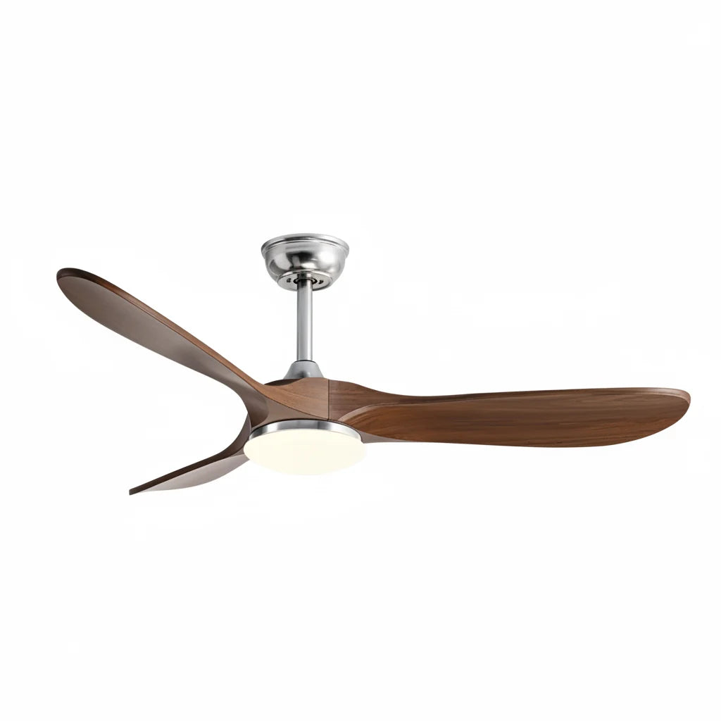 Savannah ceiling fan in brushed silver dark walnut, seen from the side