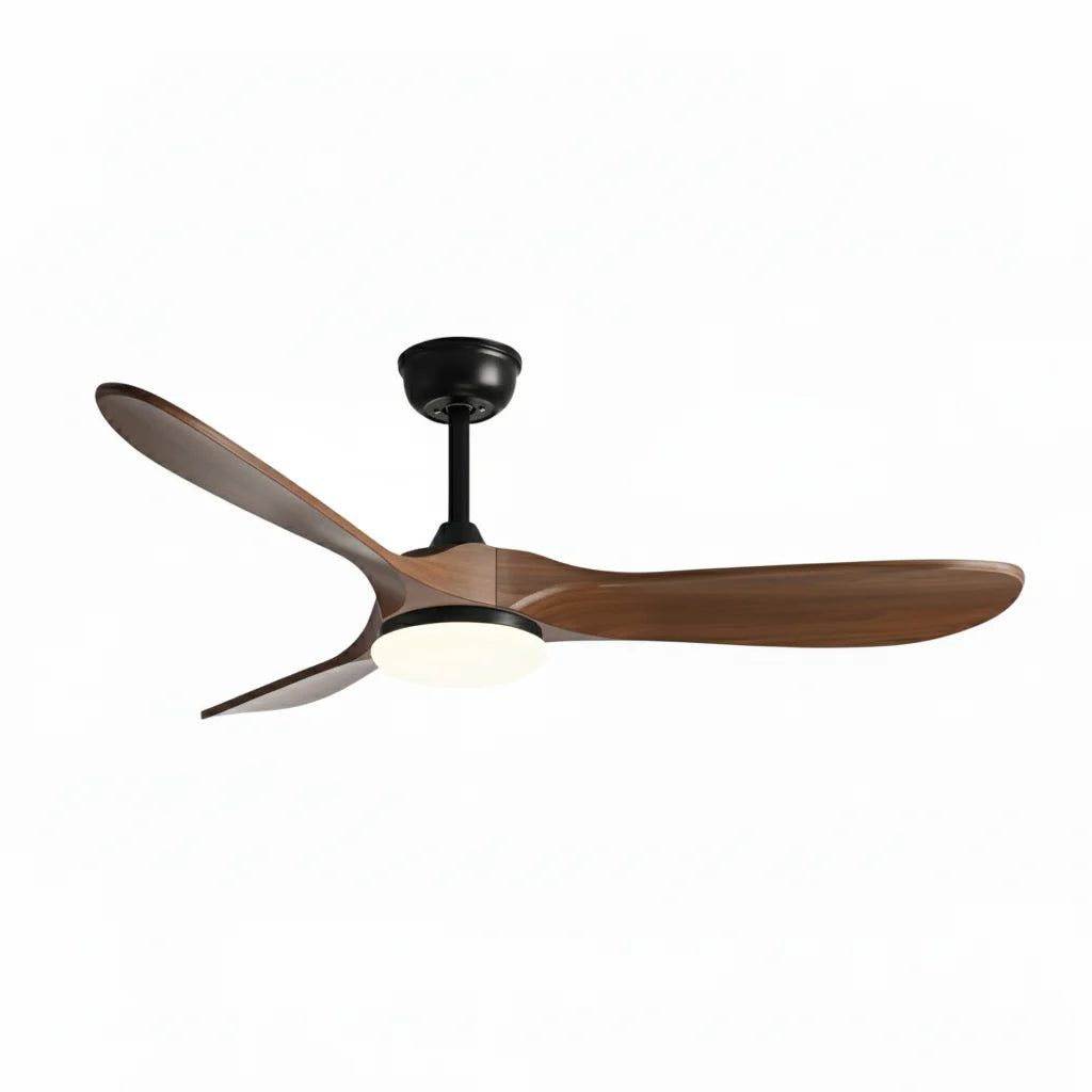 Savannah ceiling fan in matte black dark walnut, seen from the side