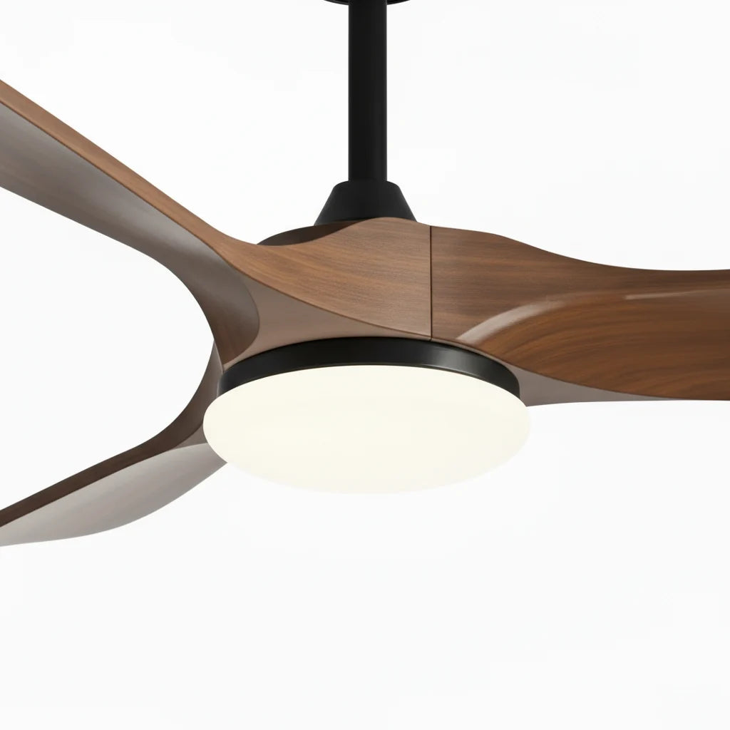 Savannah ceiling fan in matte black dark walnut, seen from below