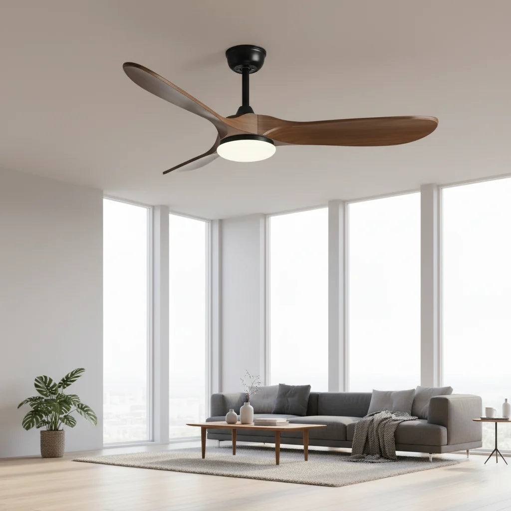 Savannah ceiling fan with its light on in a living room