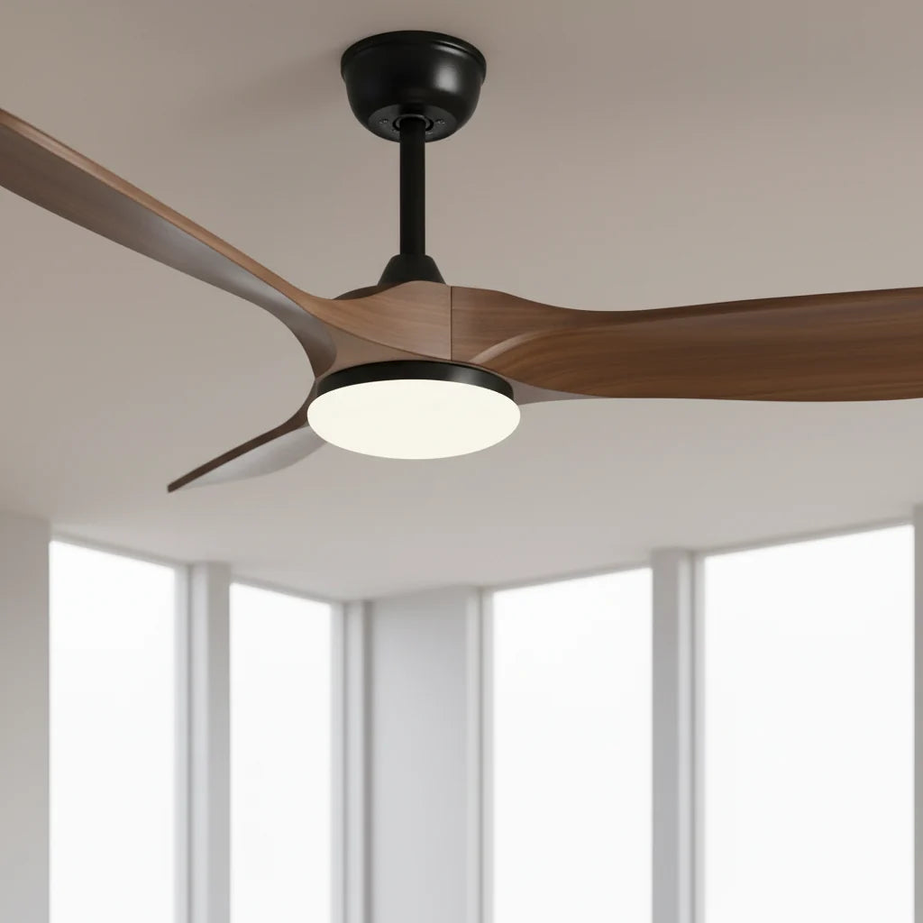 Savannah ceiling fan with its light on seen across a room