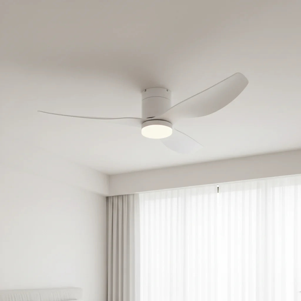 Marlow ceiling fan with its light on seen from below