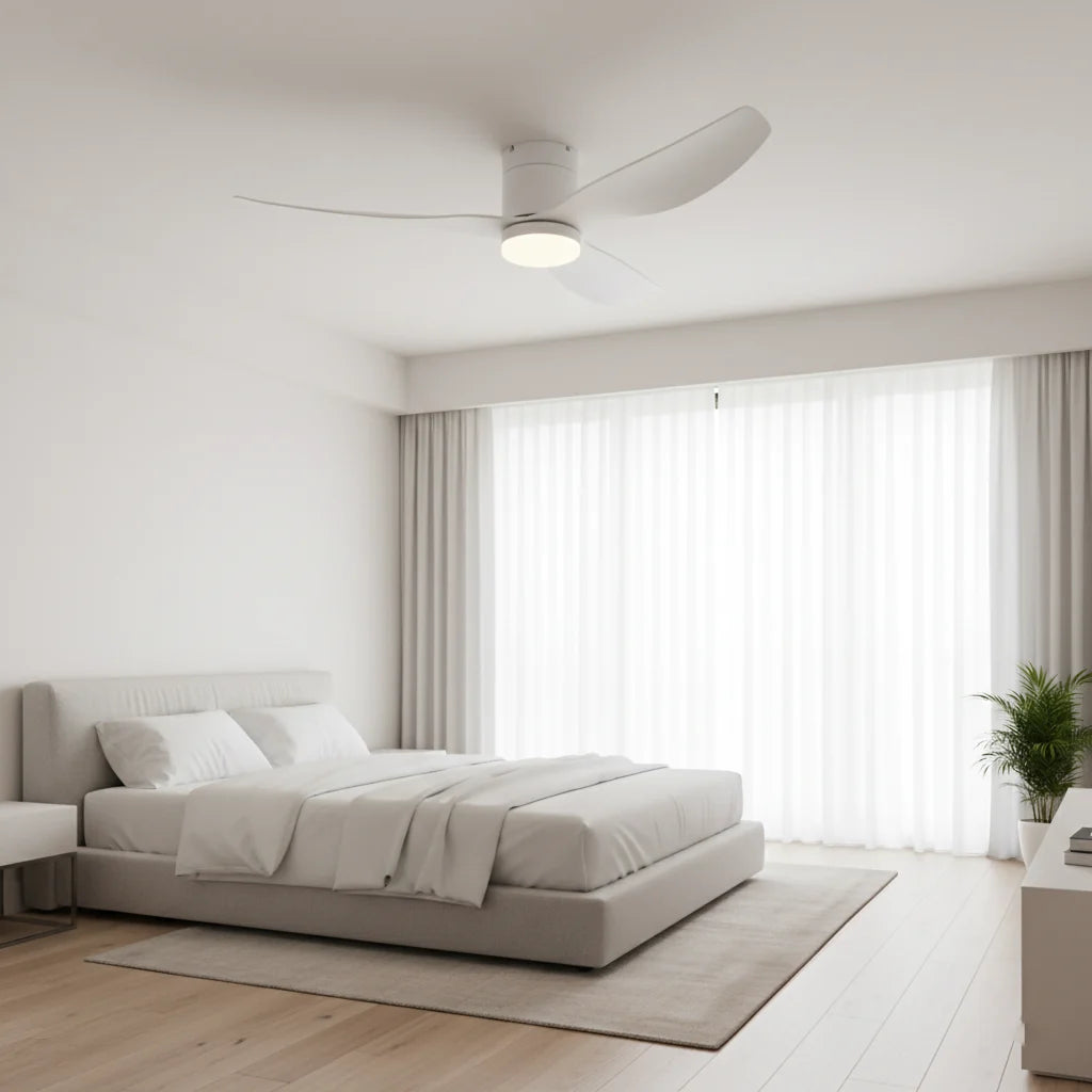 Marlow ceiling fan with its light on in a bedroom