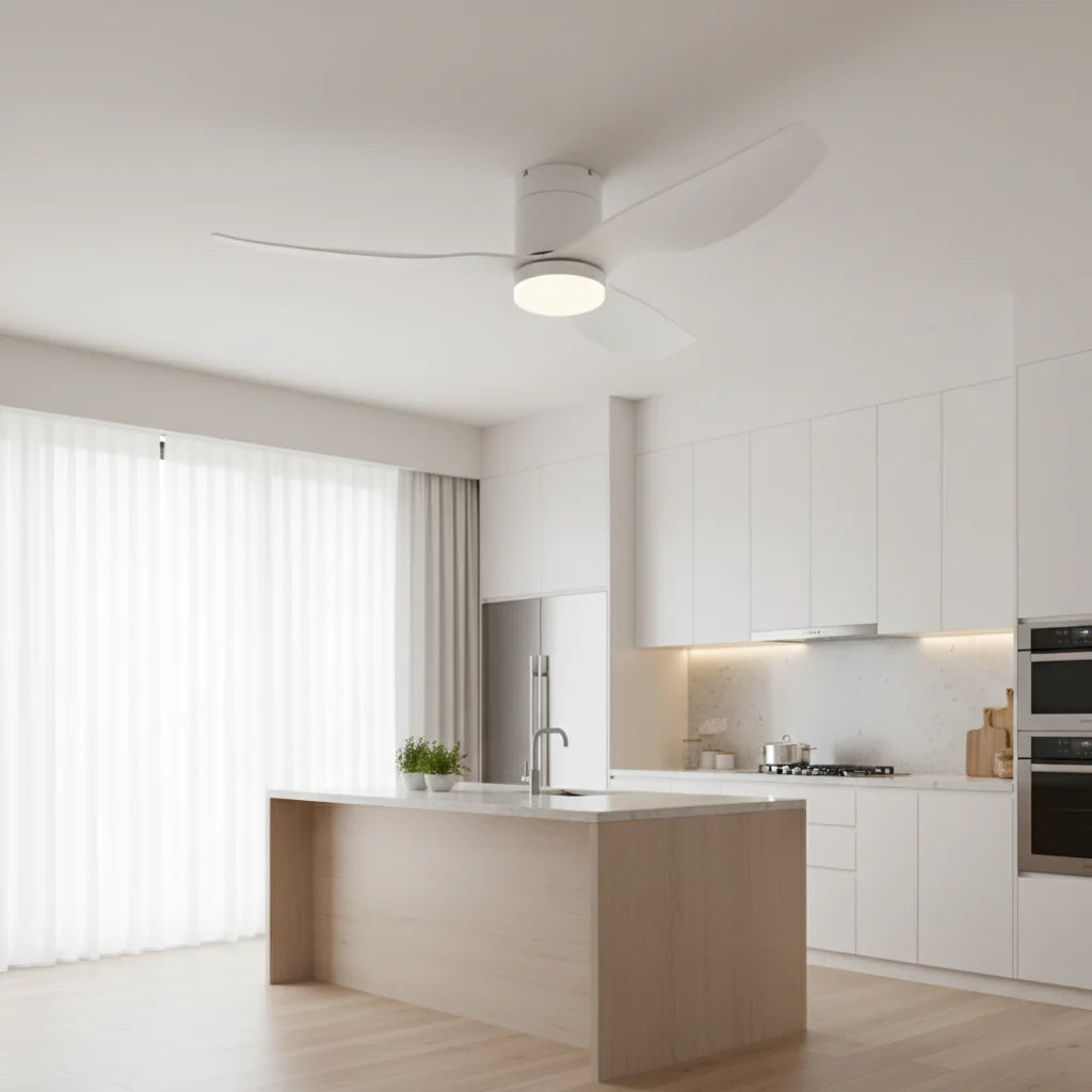 Marlow ceiling fan with its light on in a living room
