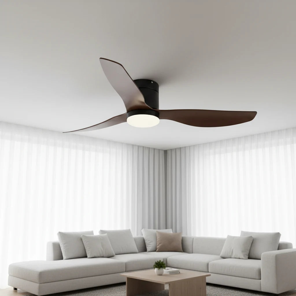 Marlow ceiling fan with its light on seen from below