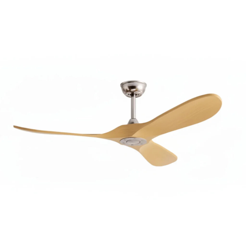 Savannah ceiling fan in brushed silver light oak, seen from the side